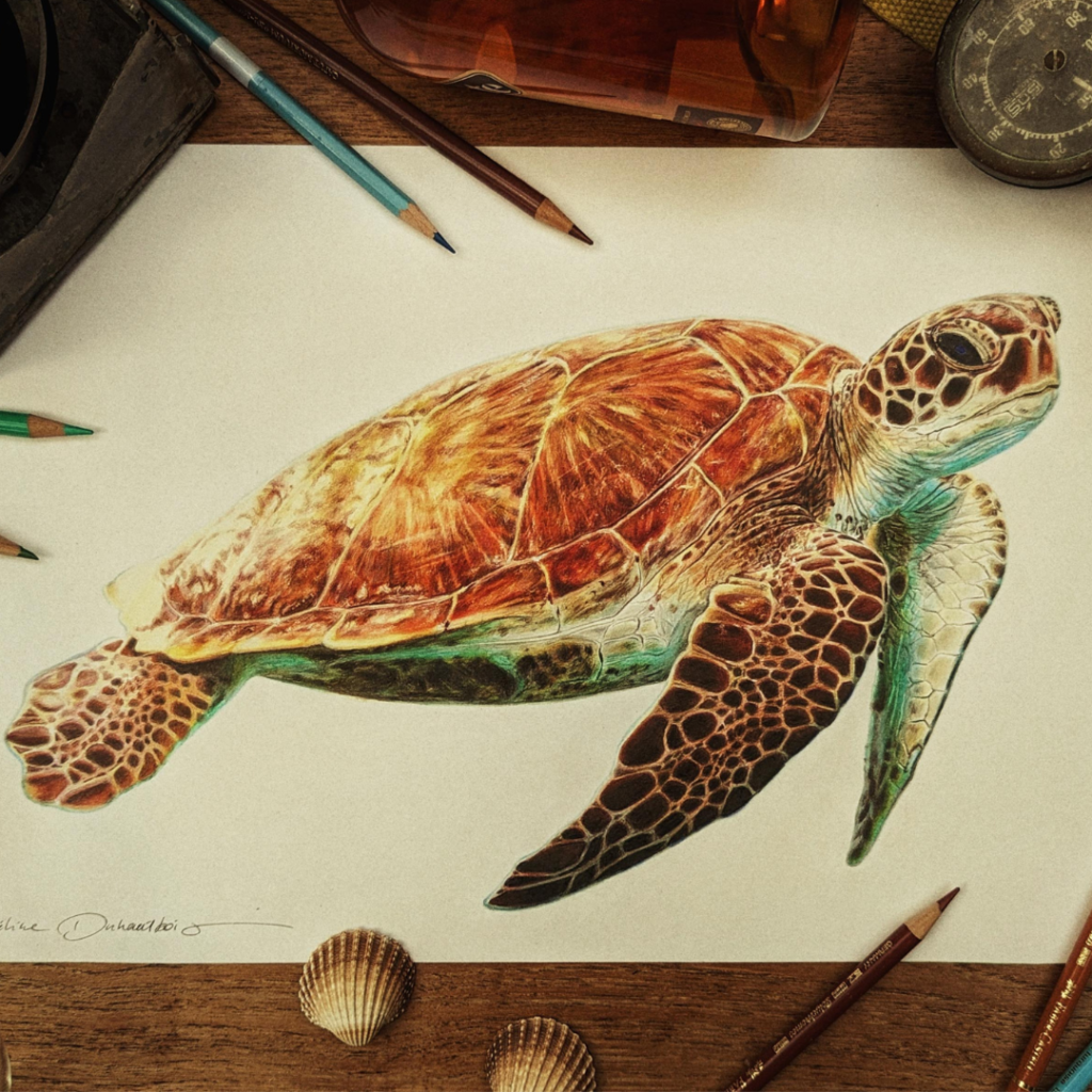 Dessin de tortue au crayon couleur