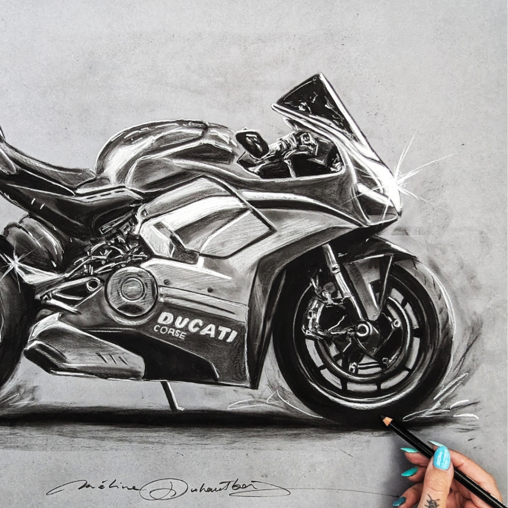 Moto DUCATI dessin au fusain