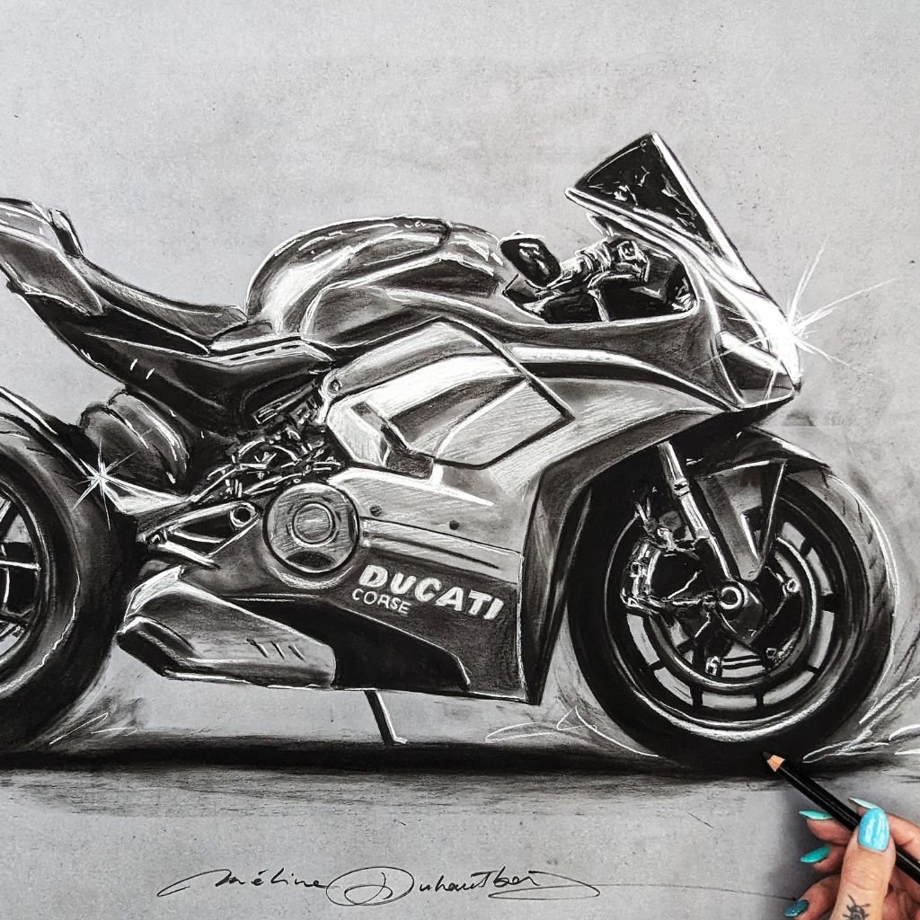 Moto DUCATI dessin au fusain